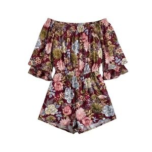 TOXIK Women Burgundy Floral Off Shoulder Ruffle Sleeve Romper Medium Boho Pocket